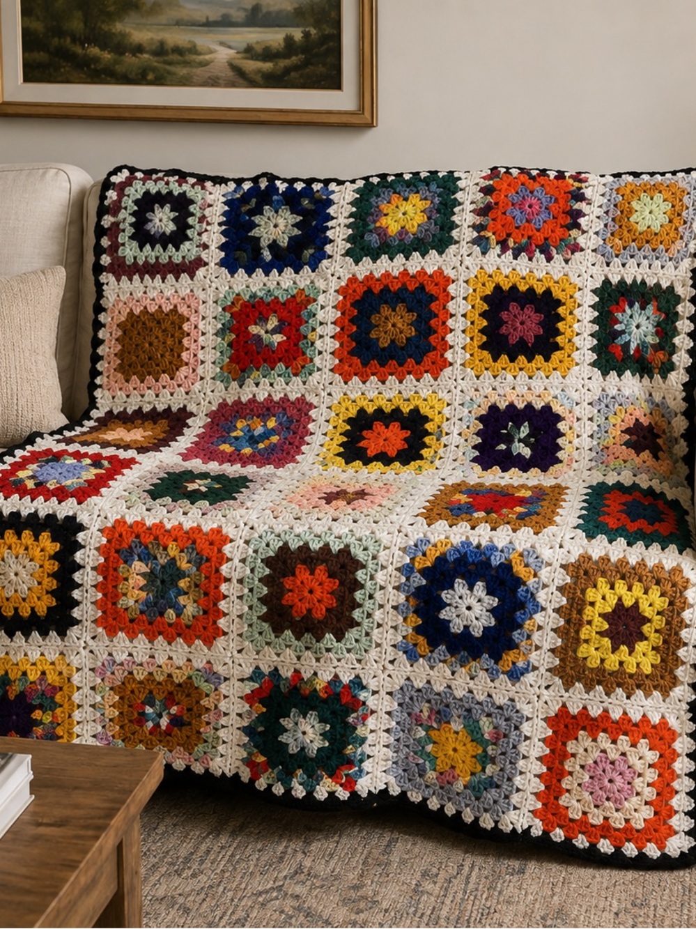 Antique Vintage Handmade Granny Crochet Multicolor Throw Blanket 74 by 92